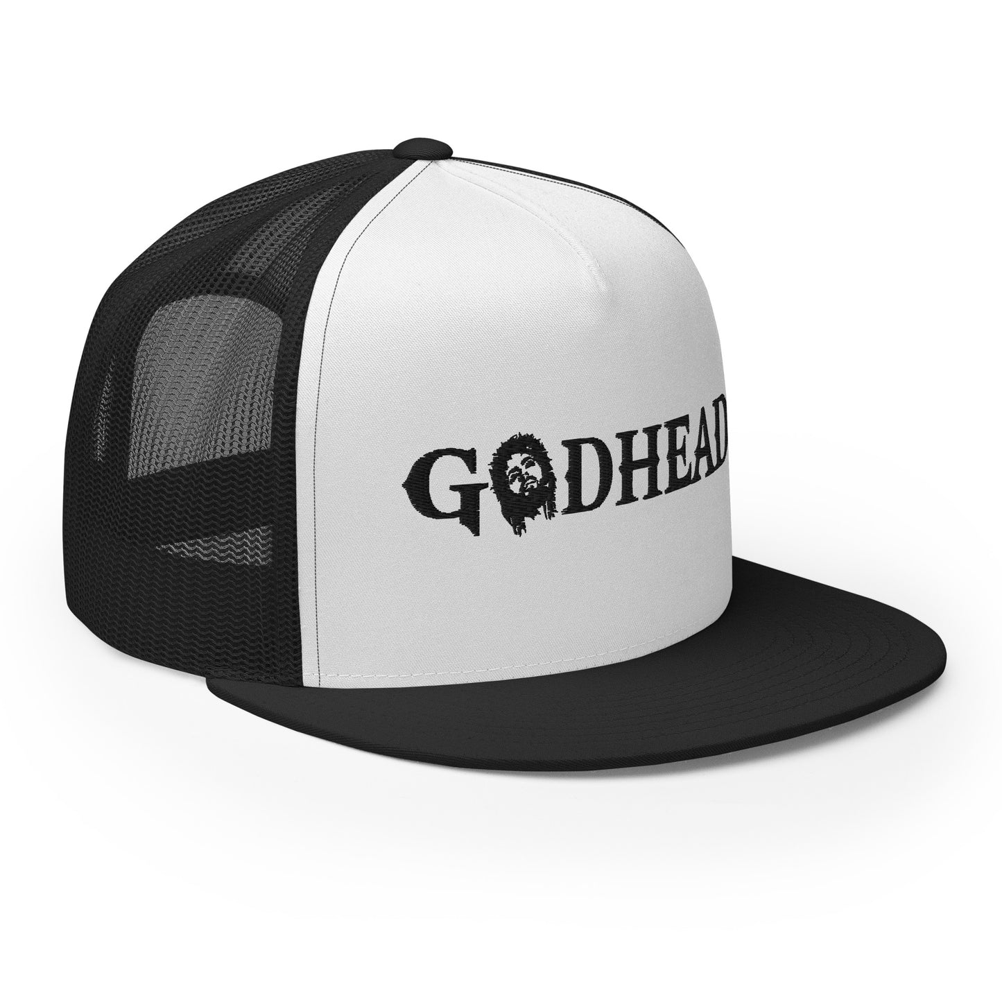 GODHEAD - CHRIST COLLECTION - BLACK on WHITE on Black Back - Open Back Trucker Cap