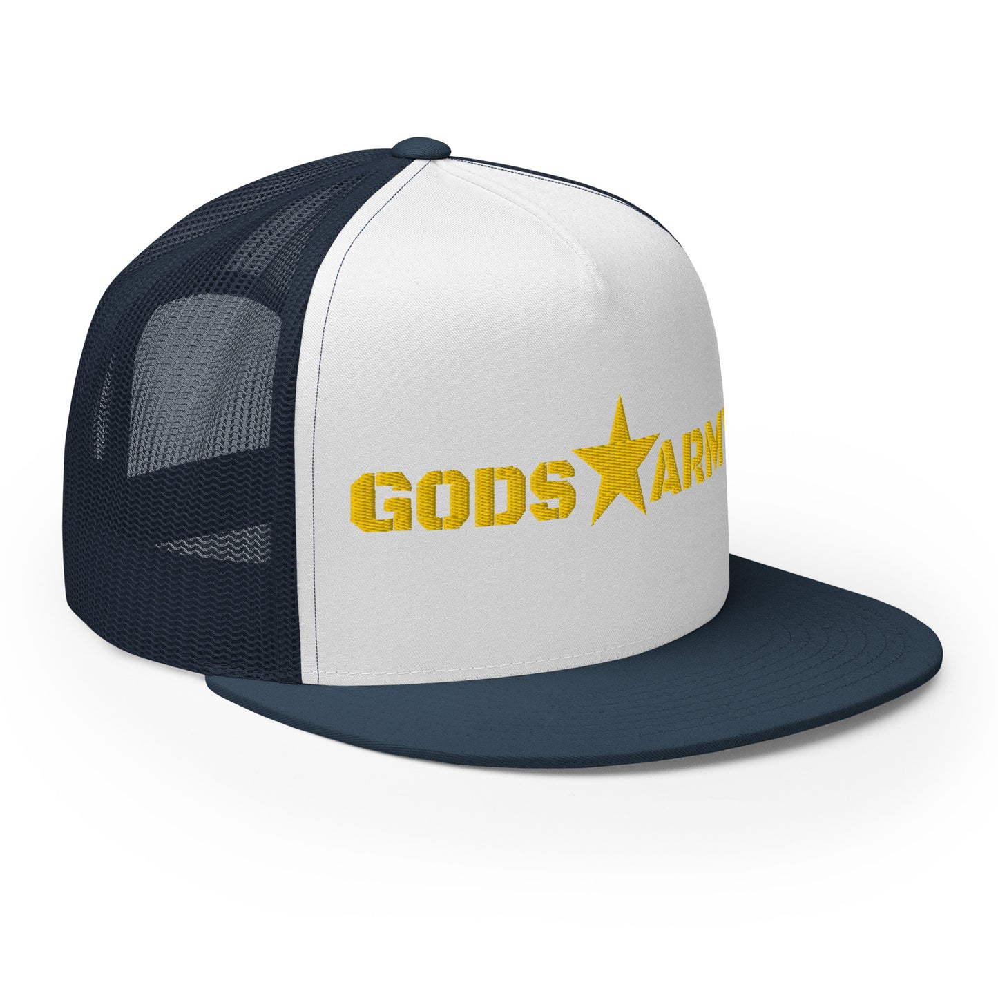 GODS ARMY - TRUE NORTH COLLECTION - Gold on White on Teal Back - Open Back Trucker Cap