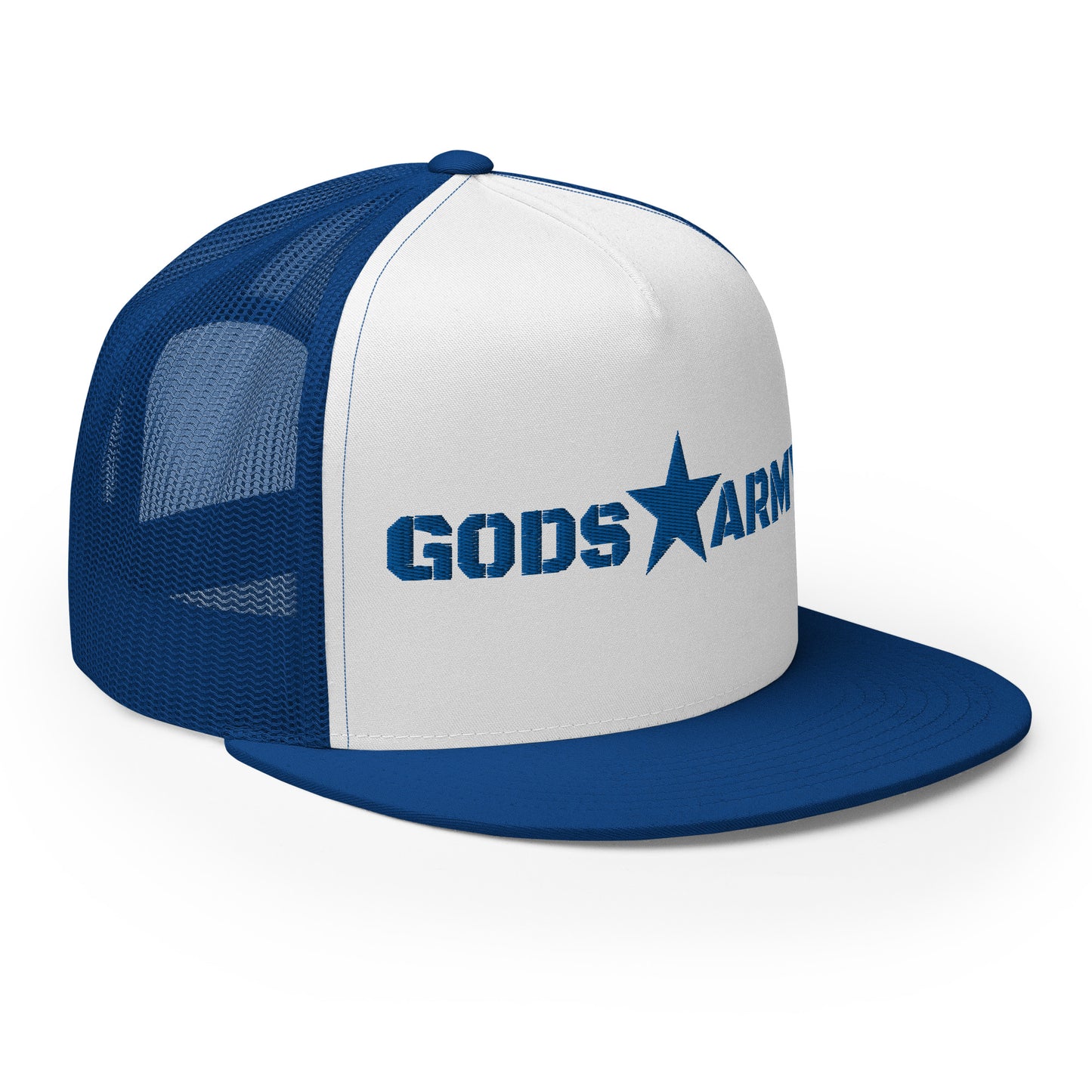 GODS ARMY - TRUE NORTH COLLECTION - Royal Blue on White on Royal Blue - Open Back Trucker Cap