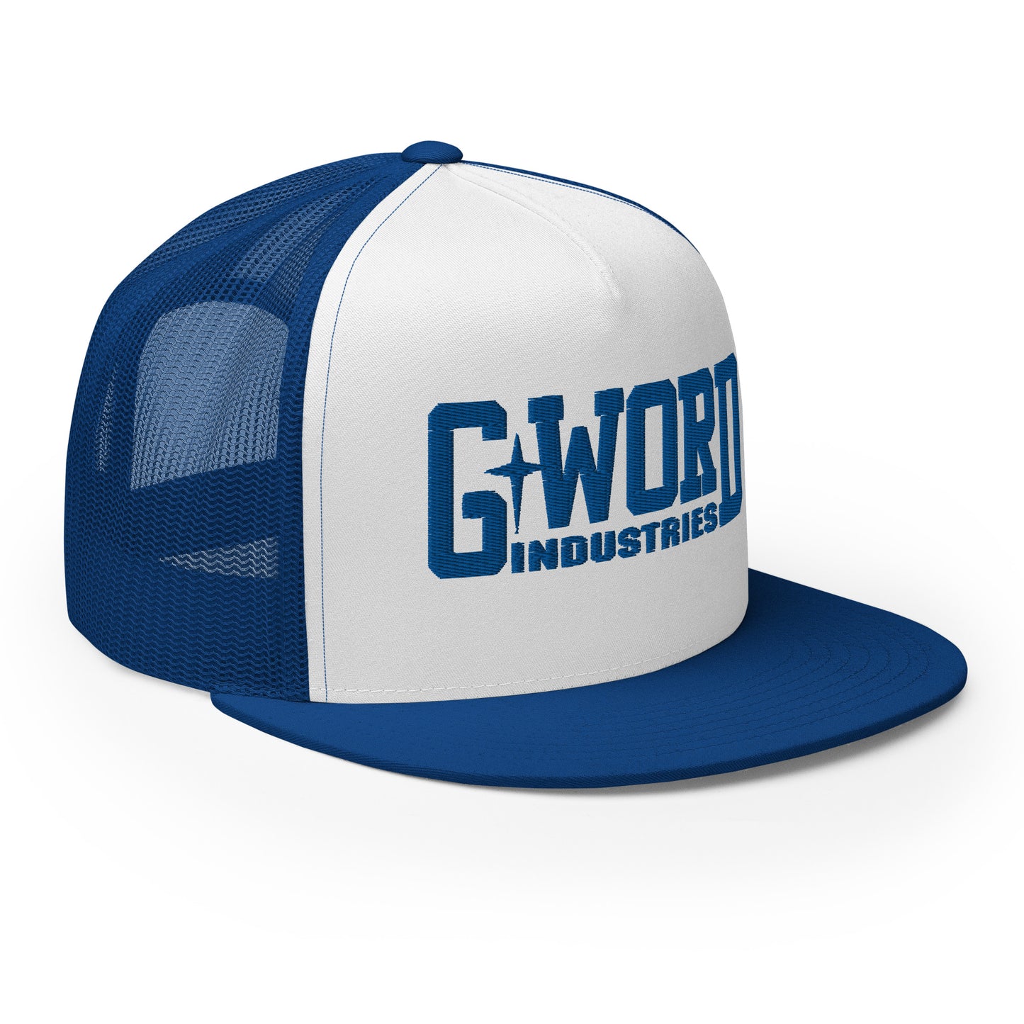 GWORD INDUSTRIES - THE LIVING TRUTH COLLECTION - Blue on White on Blue Back - Open Back Trucker Cap