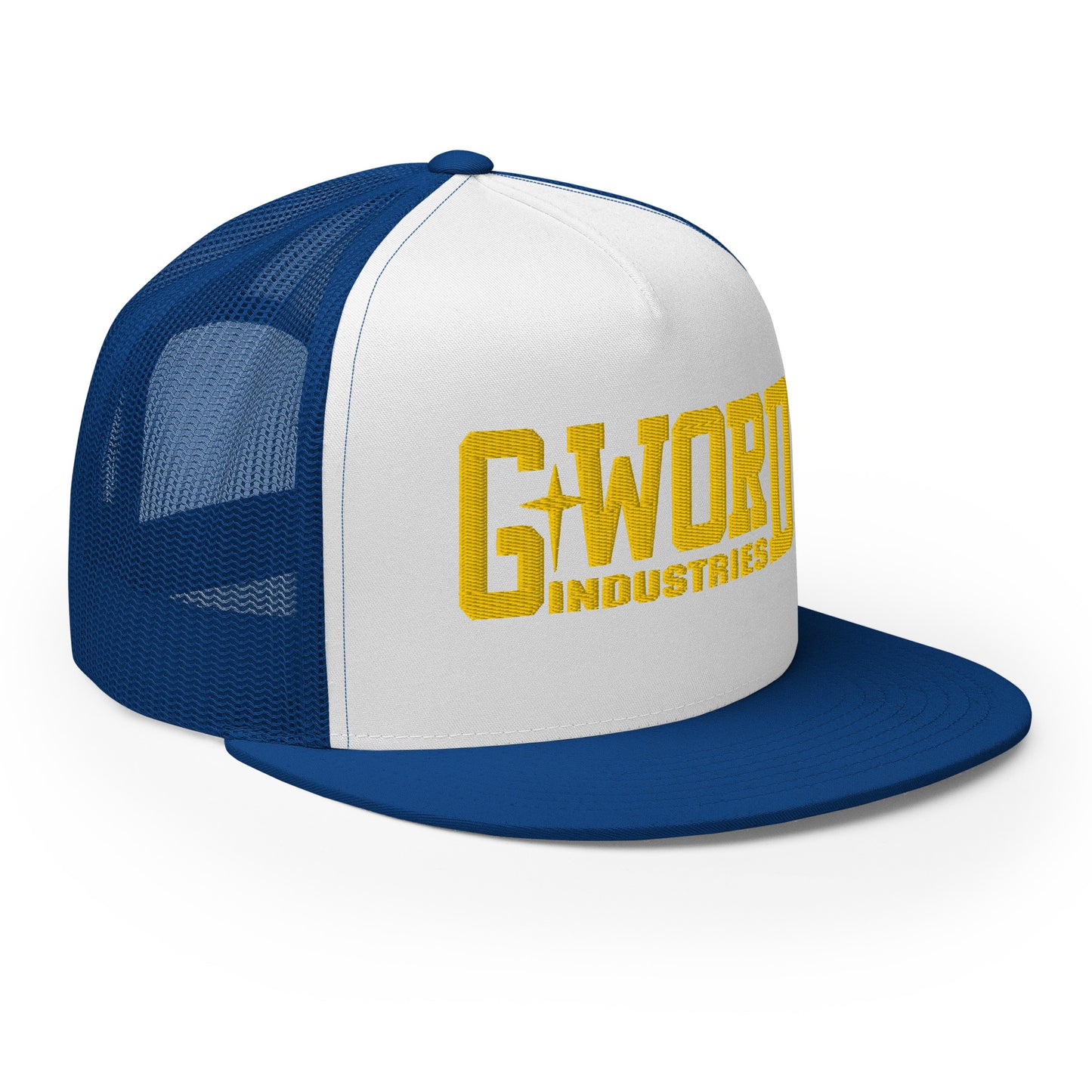 GWORD INDUSTRIES - THE LIVING TRUTH COLLECTION - Gold on White on Blue Back - Open Back Trucker Cap