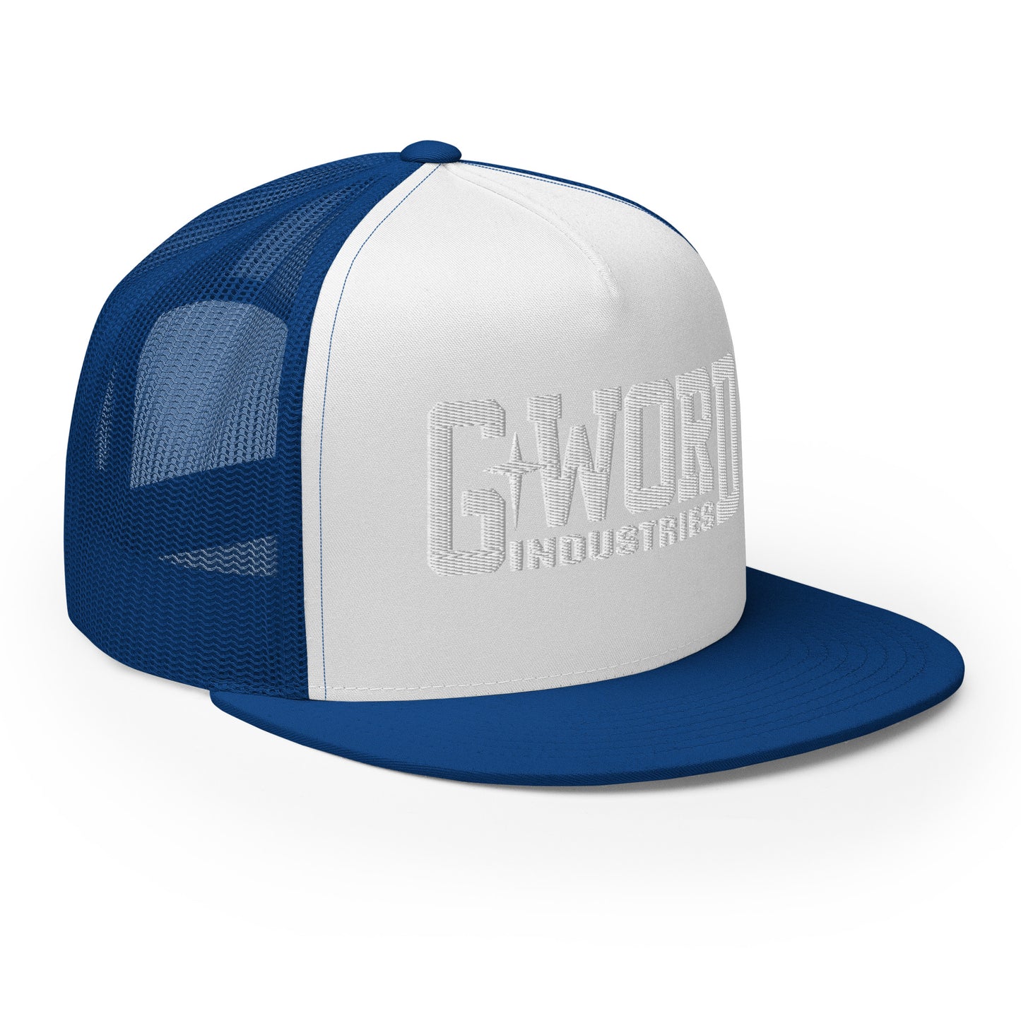 GWORD INDUSTRIES - THE LIVING TRUTH COLLECTION - White on White on Blue Back - Open Back Trucker Cap