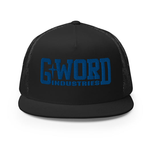 GWORD INDUSTRIES - THE LIVING TRUTH COLLECTION - Blue on Black on Black Back - Open Back Trucker Cap