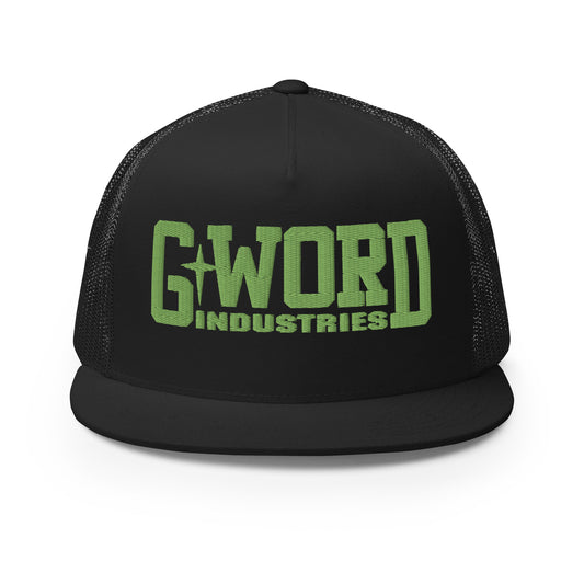 GWORD INDUSTRIES - THE LIVING TRUTH COLLECTION - Green on Black on Black Back - Open Back Trucker Cap