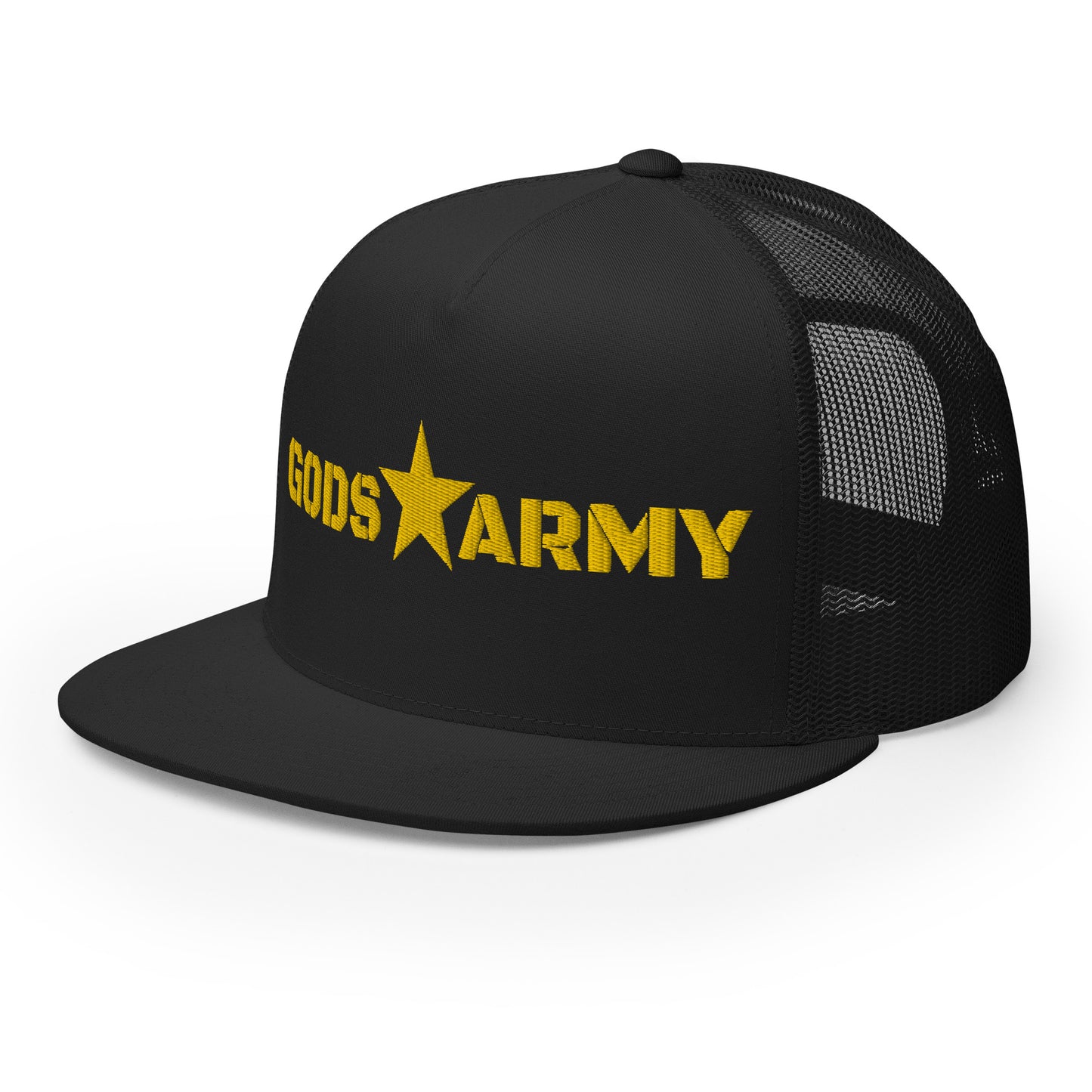 GODS ARMY - TRUE NORTH COLLECTION - Gold on Black on Black Back - Open Back Trucker Cap