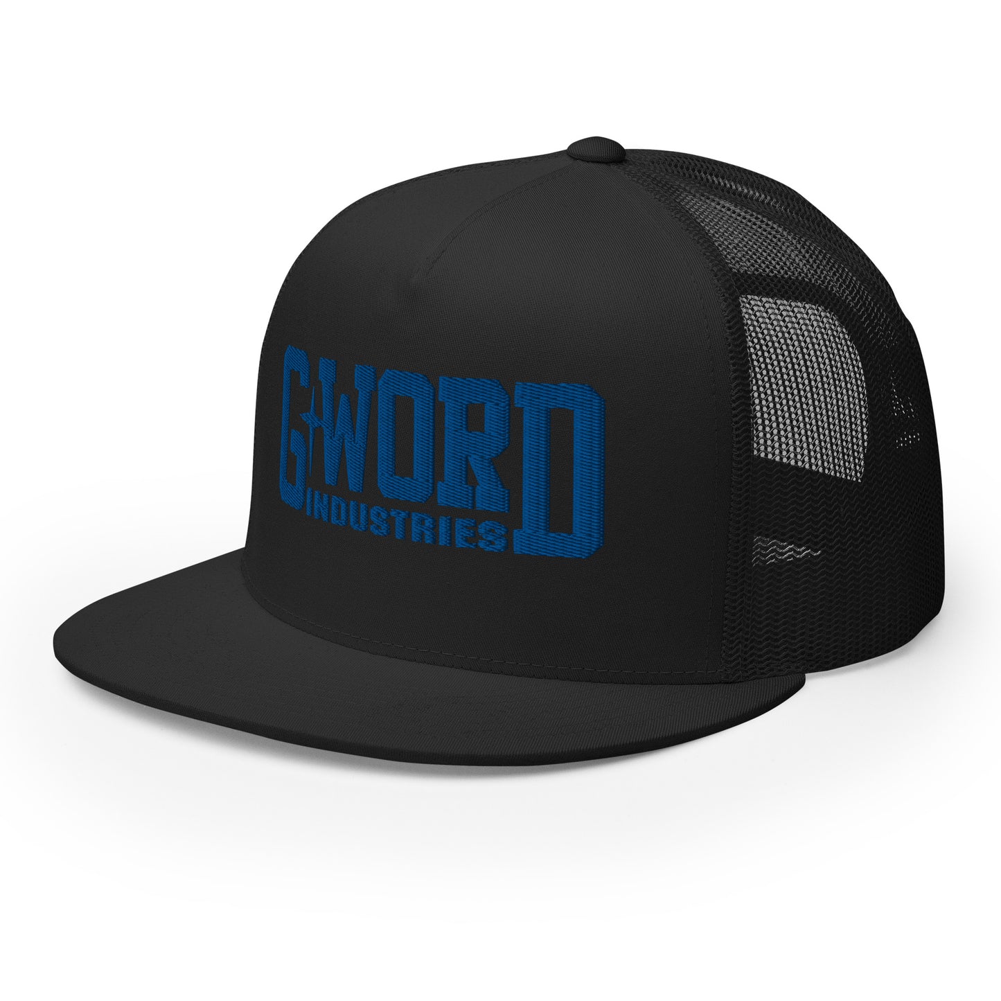 GWORD INDUSTRIES - THE LIVING TRUTH COLLECTION - Blue on Black on Black Back - Open Back Trucker Cap