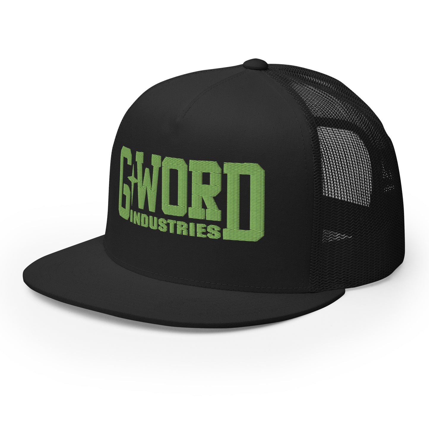 GWORD INDUSTRIES - THE LIVING TRUTH COLLECTION - Green on Black on Black Back - Open Back Trucker Cap