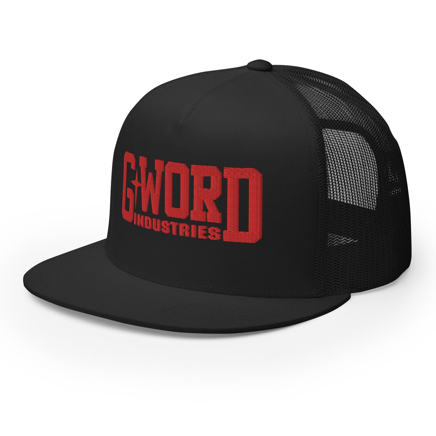 GWORD INDUSTRIES - THE LIVING TRUTH COLLECTION - Red on Black on Black Back - Open Back Trucker Cap