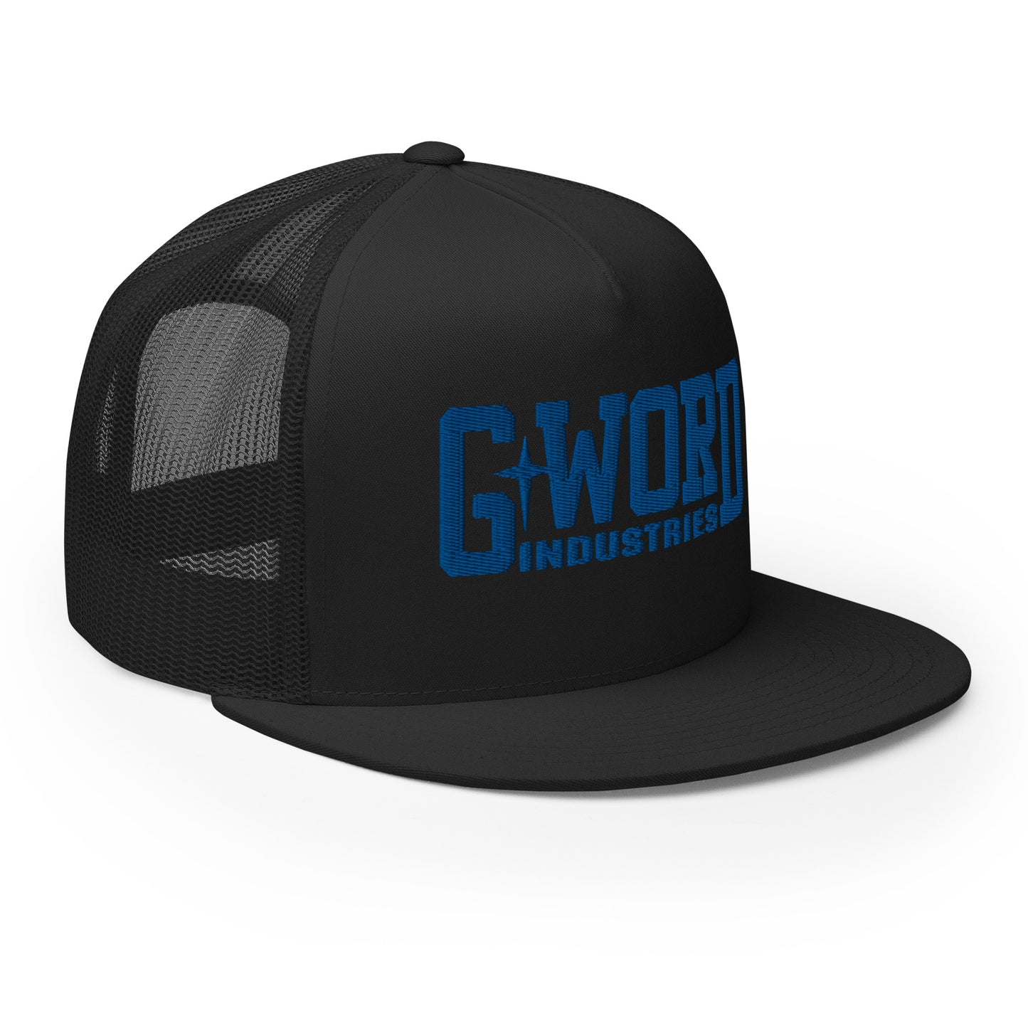 GWORD INDUSTRIES - THE LIVING TRUTH COLLECTION - Blue on Black on Black Back - Open Back Trucker Cap