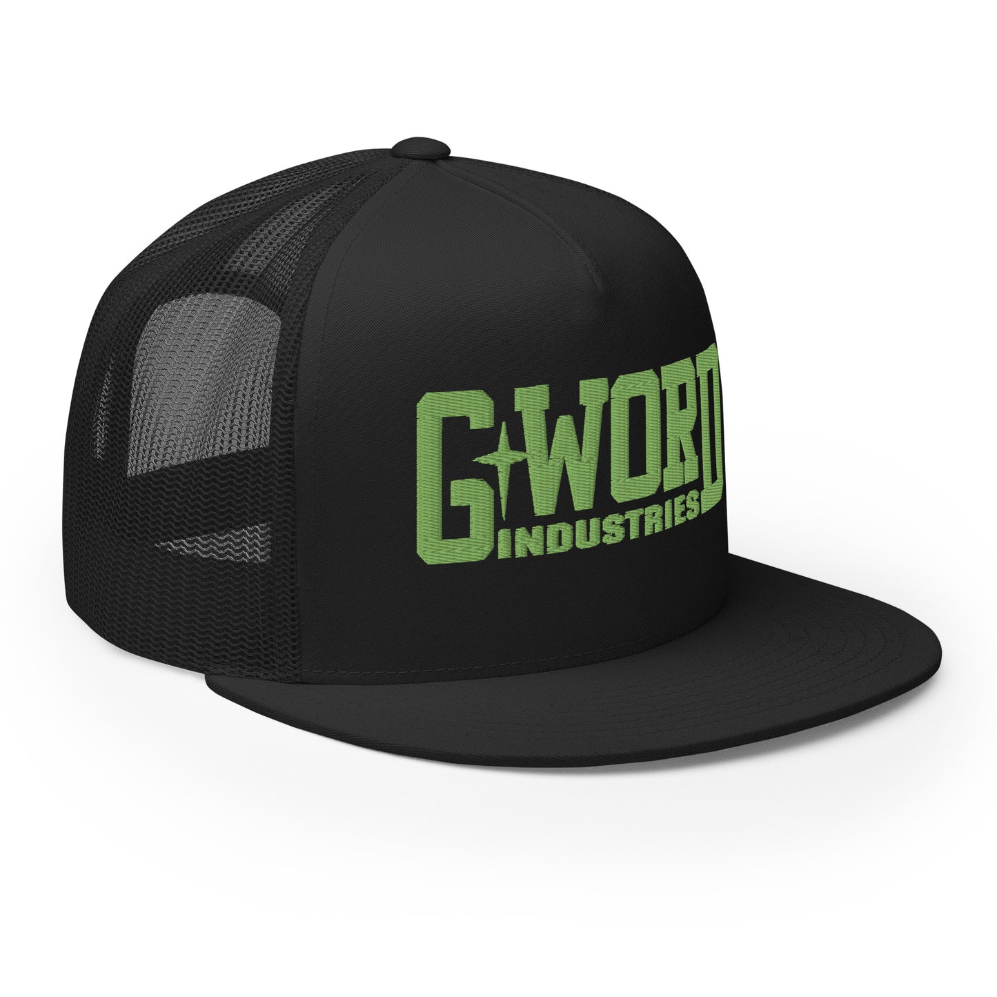 GWORD INDUSTRIES - THE LIVING TRUTH COLLECTION - Green on Black on Black Back - Open Back Trucker Cap