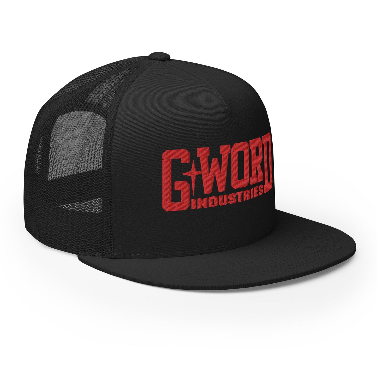GWORD INDUSTRIES - THE LIVING TRUTH COLLECTION - Red on Black on Black Back - Open Back Trucker Cap