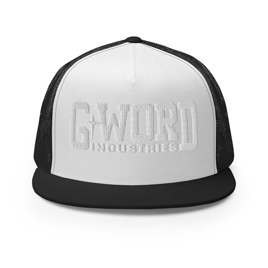 GWORD INDUSTRIES - THE LIVING TRUTH COLLECTION - White on White on Black Back - Open Back Trucker Cap