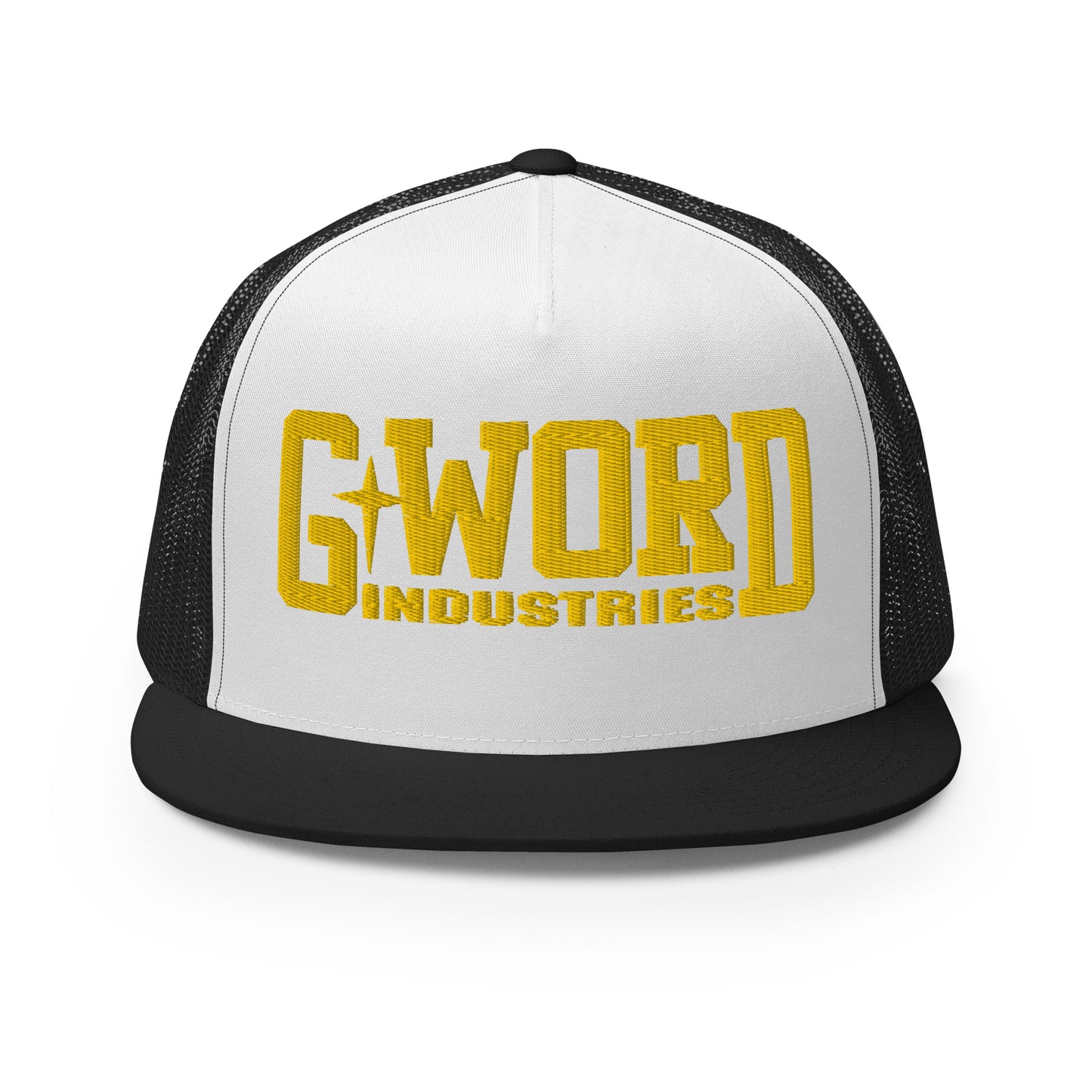 GWORD INDUSTRIES - THE LIVING TRUTH COLLECTION - Gold on White on Black Back - Open Back Trucker Cap