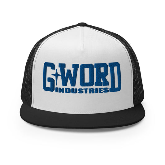 GWORD INDUSTRIES - THE LIVING TRUTH COLLECTION - Blue on White on Black Back - Open Back Trucker Cap
