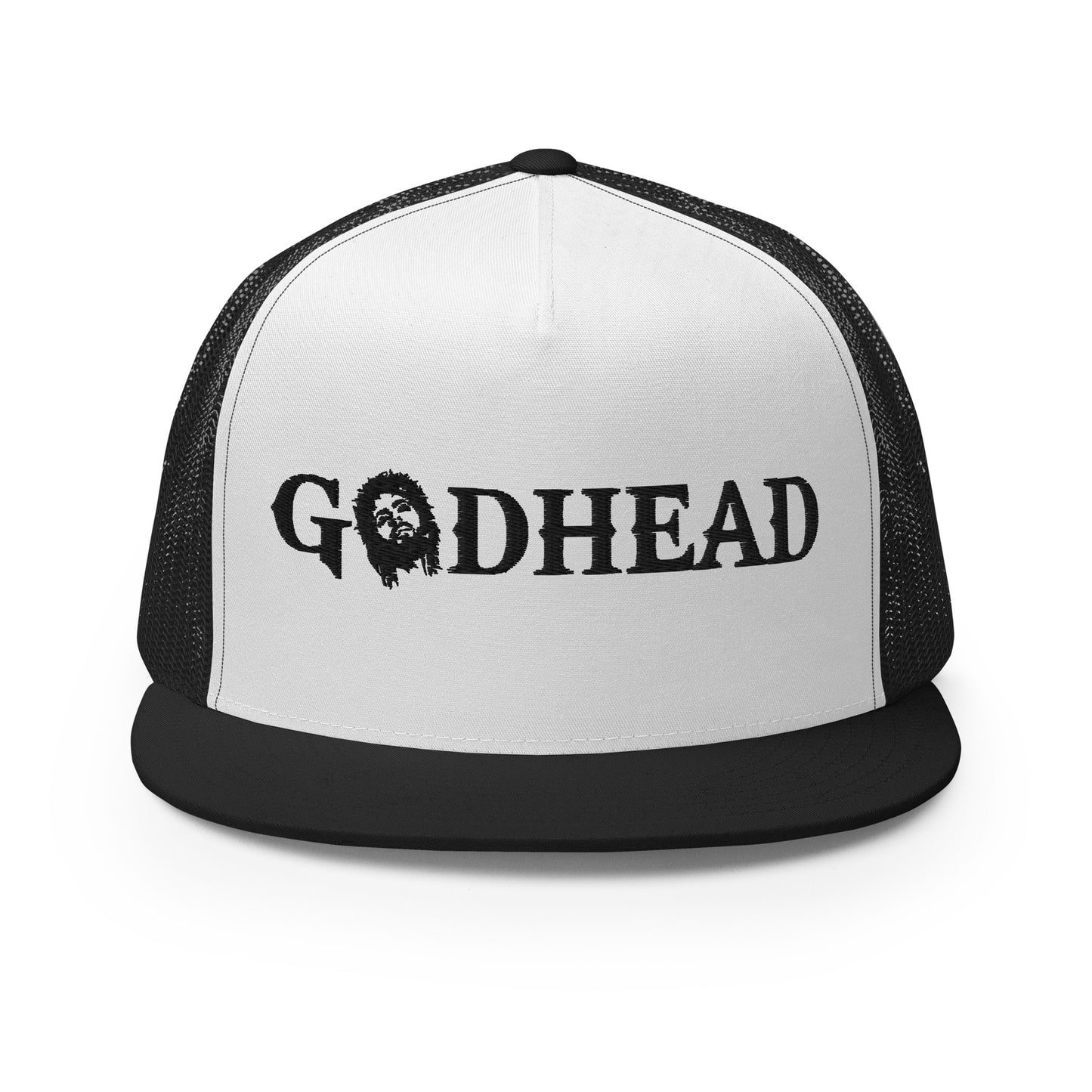 GODHEAD - CHRIST COLLECTION - BLACK on WHITE on Black Back - Open Back Trucker Cap