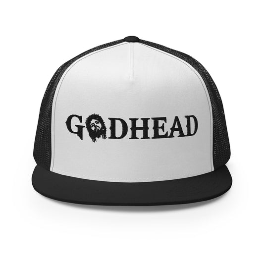 GODHEAD - CHRIST COLLECTION - BLACK on WHITE on Black Back - Open Back Trucker Cap