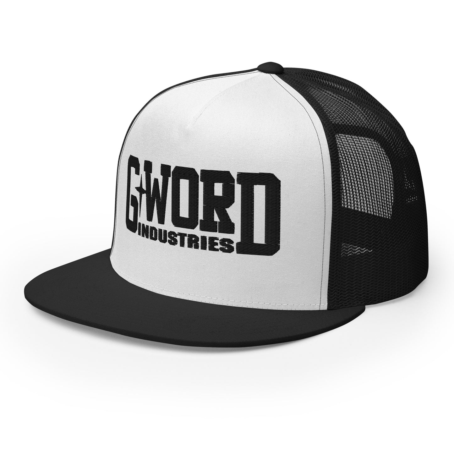 GWORD INDUSTRIES - THE LIVING TRUTH COLLECTION - Black on White on Black Back - Open Back Trucker Cap