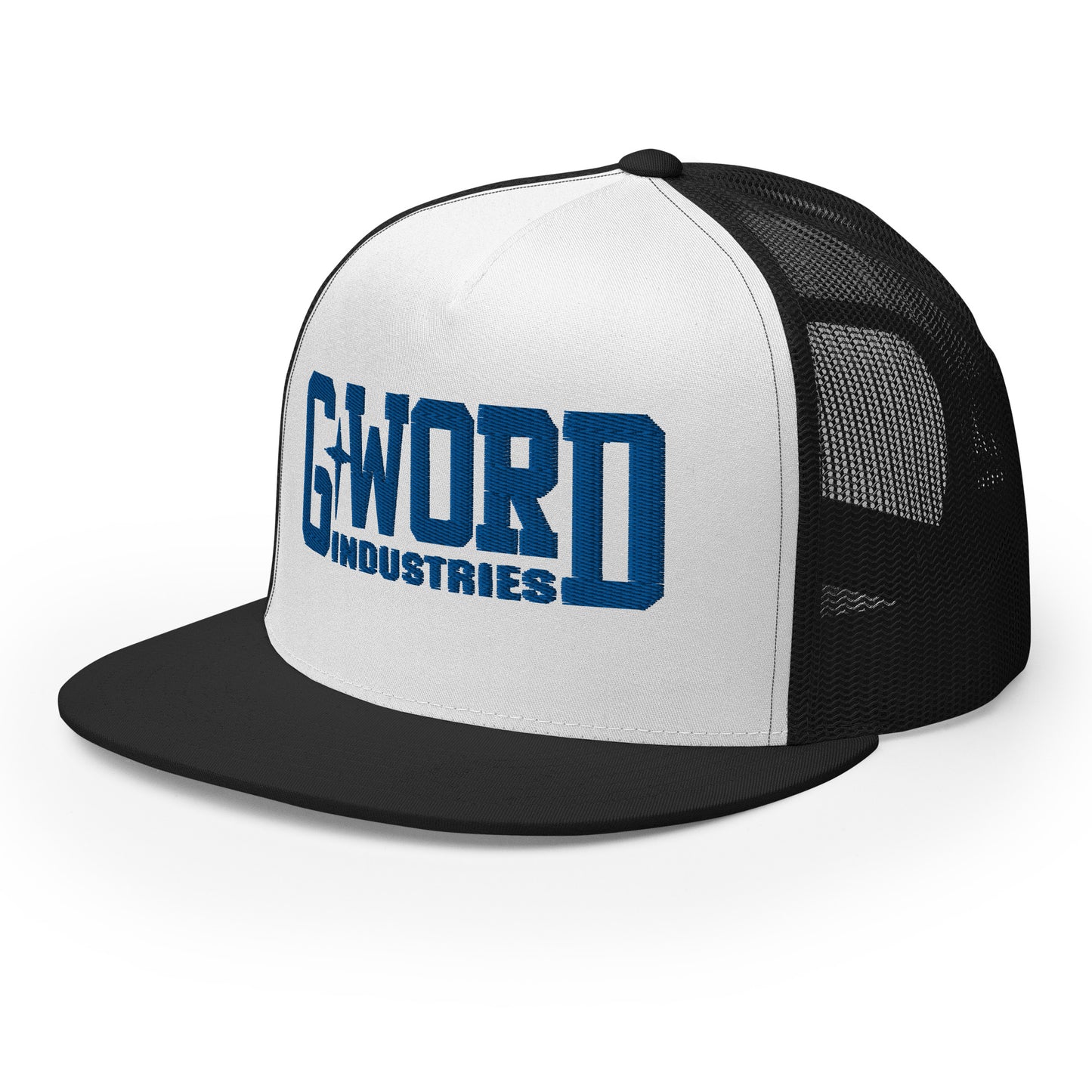 GWORD INDUSTRIES - THE LIVING TRUTH COLLECTION - Blue on White on Black Back - Open Back Trucker Cap