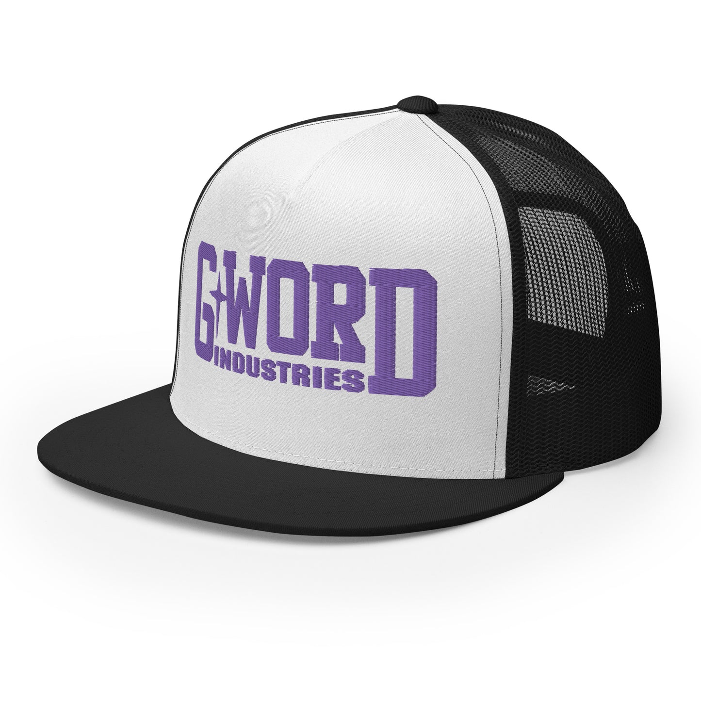 GWORD INDUSTRIES - THE LIVING TRUTH COLLECTION - Purple on White on Black Back - Open Back Trucker Cap