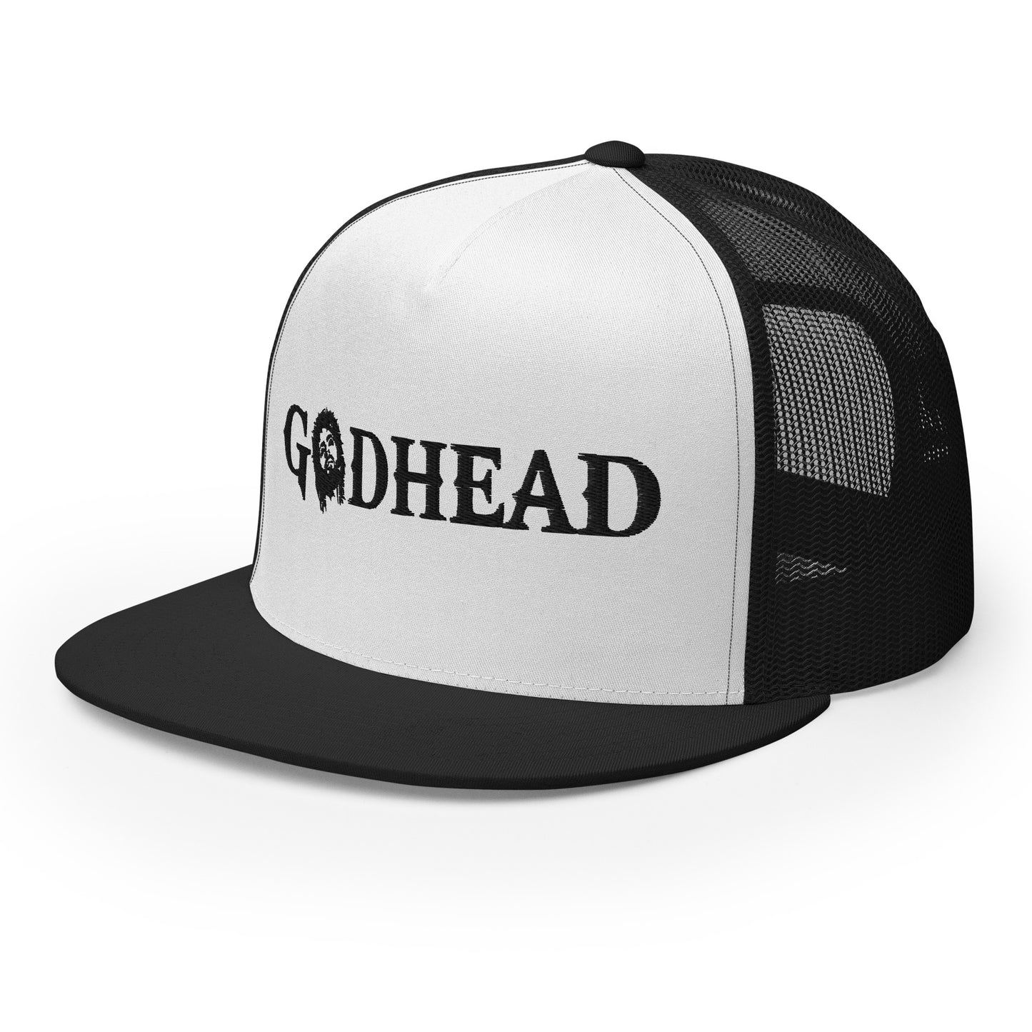 GODHEAD - CHRIST COLLECTION - BLACK on WHITE on Black Back - Open Back Trucker Cap