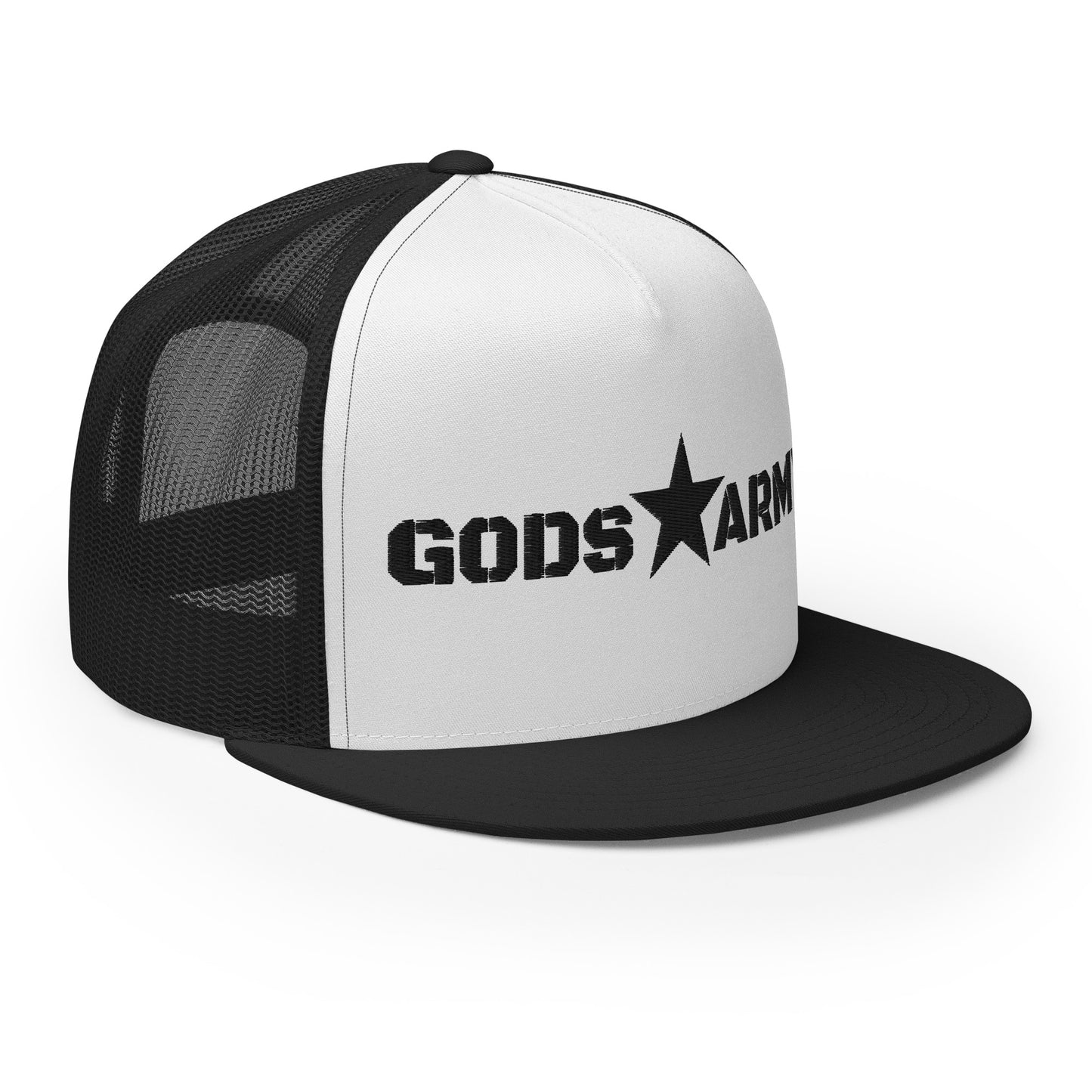 GODS ARMY - TRUE NORTH COLLECTION - Black on White on Black Back - Open Back Trucker Cap
