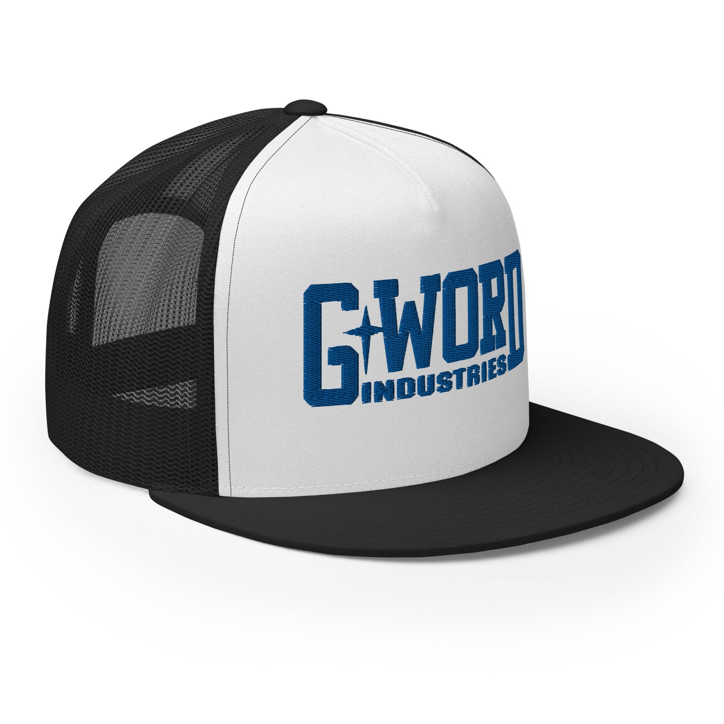 GWORD INDUSTRIES - THE LIVING TRUTH COLLECTION - Blue on White on Black Back - Open Back Trucker Cap