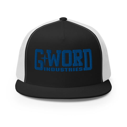 GWORD INDUSTRIES - THE LIVING TRUTH COLLECTION - Blue on Black on White Back - Open Back Trucker Cap