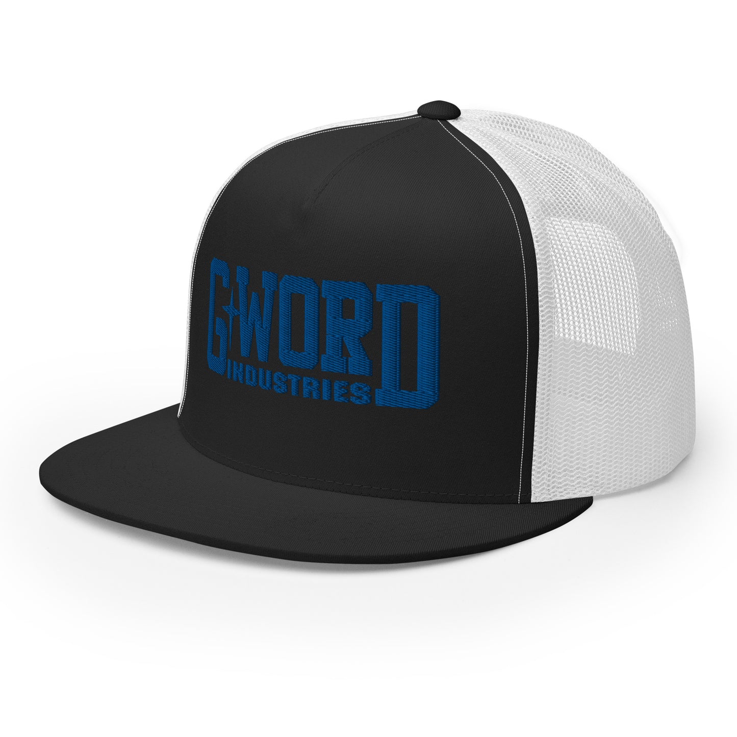 GWORD INDUSTRIES - THE LIVING TRUTH COLLECTION - Blue on Black on White Back - Open Back Trucker Cap