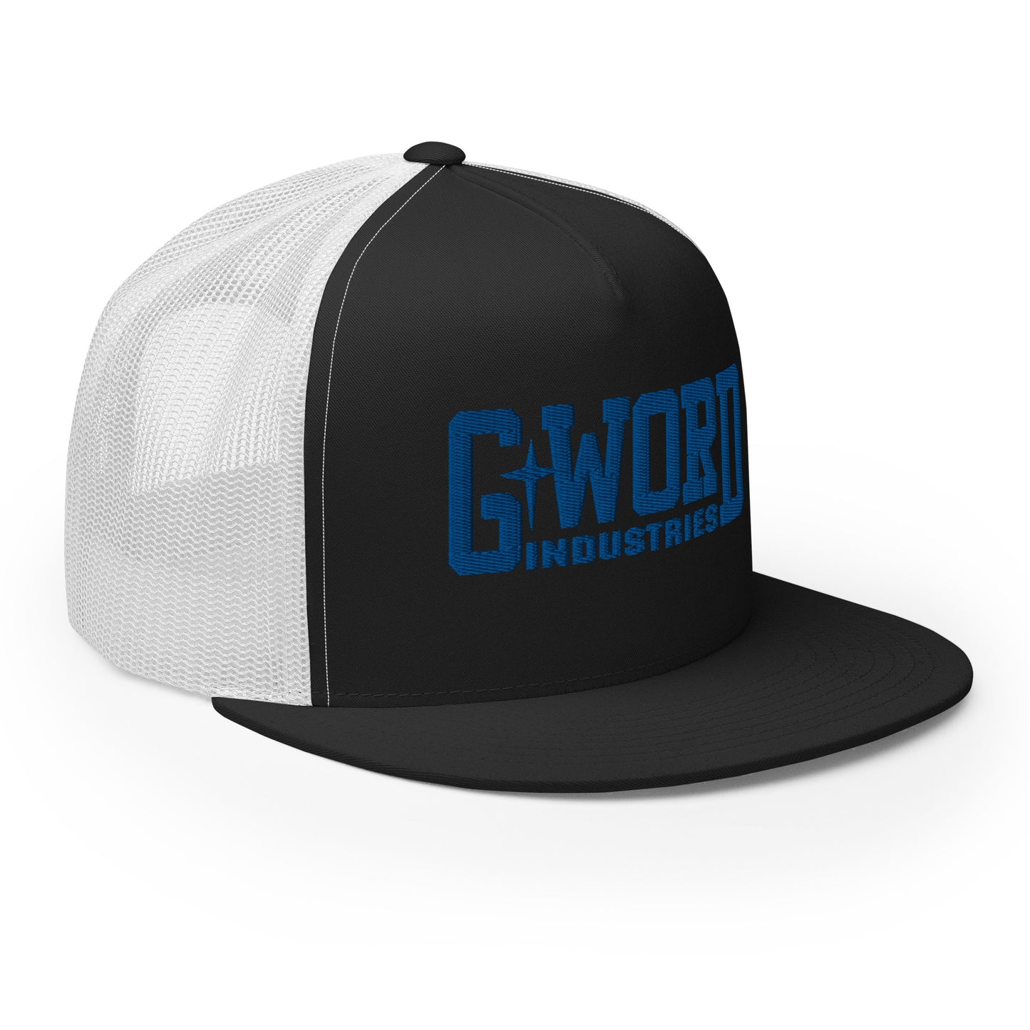 GWORD INDUSTRIES - THE LIVING TRUTH COLLECTION - Blue on Black on White Back - Open Back Trucker Cap