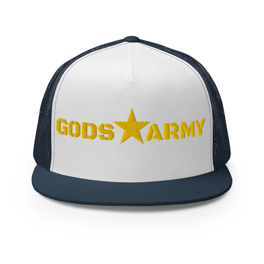 GODS ARMY - TRUE NORTH COLLECTION - Gold on White on Teal Back - Open Back Trucker Cap