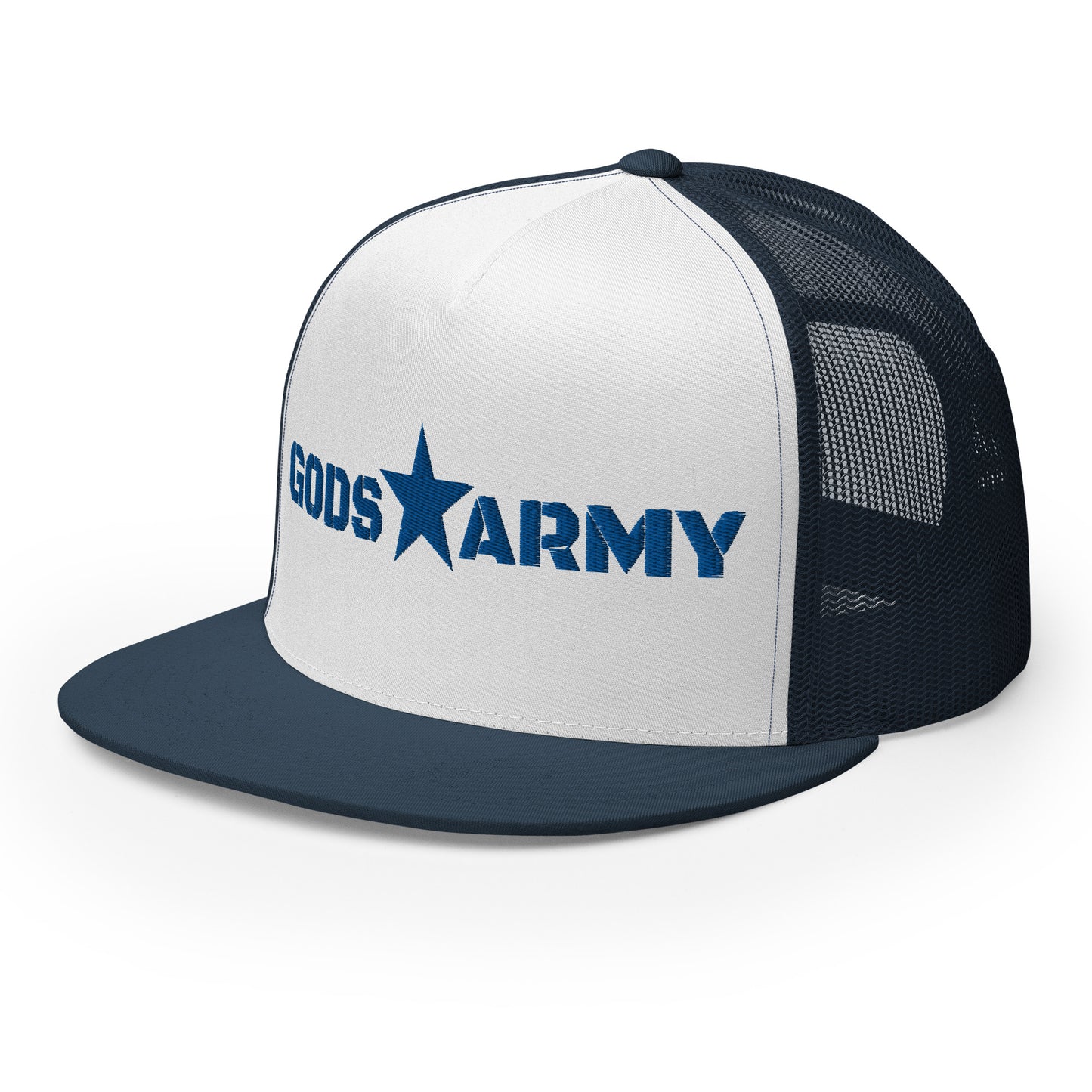 GODS ARMY - TRUE NORTH COLLECTION - Blue on White on Teal Back - Open Back Trucker Cap