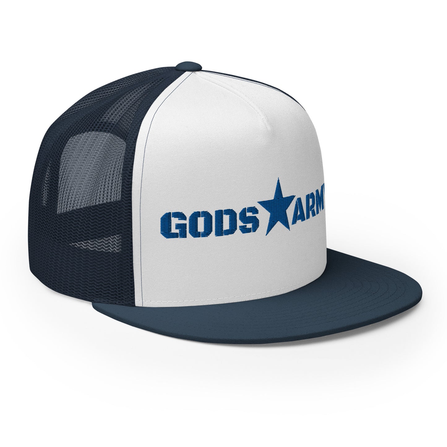 GODS ARMY - TRUE NORTH COLLECTION - Blue on White on Teal Back - Open Back Trucker Cap
