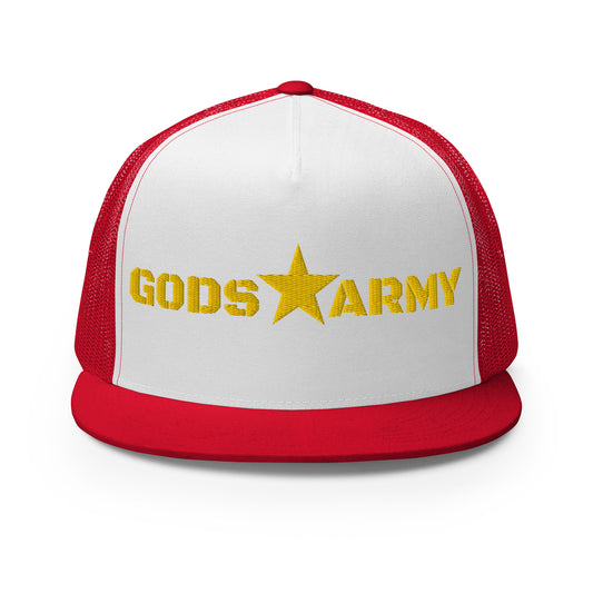 GODS ARMY - TRUE NORTH COLLECTION - Gold on White on Red Back - Open Back Trucker Cap