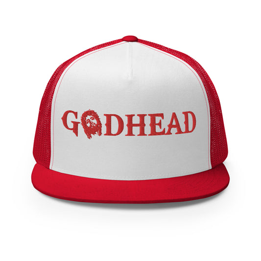 GODHEAD - CHRIST COLLECTION - BLOOD RED on WHITE on BLOOD RED Back - Open Back Trucker Cap