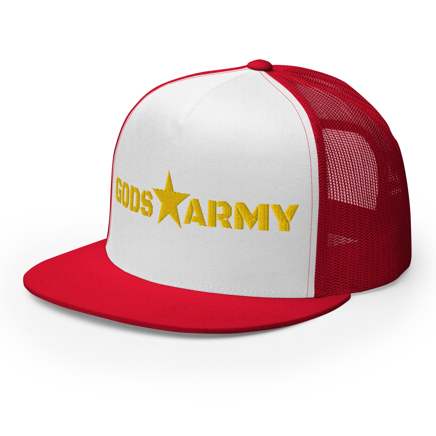 GODS ARMY - TRUE NORTH COLLECTION - Gold on White on Red Back - Open Back Trucker Cap