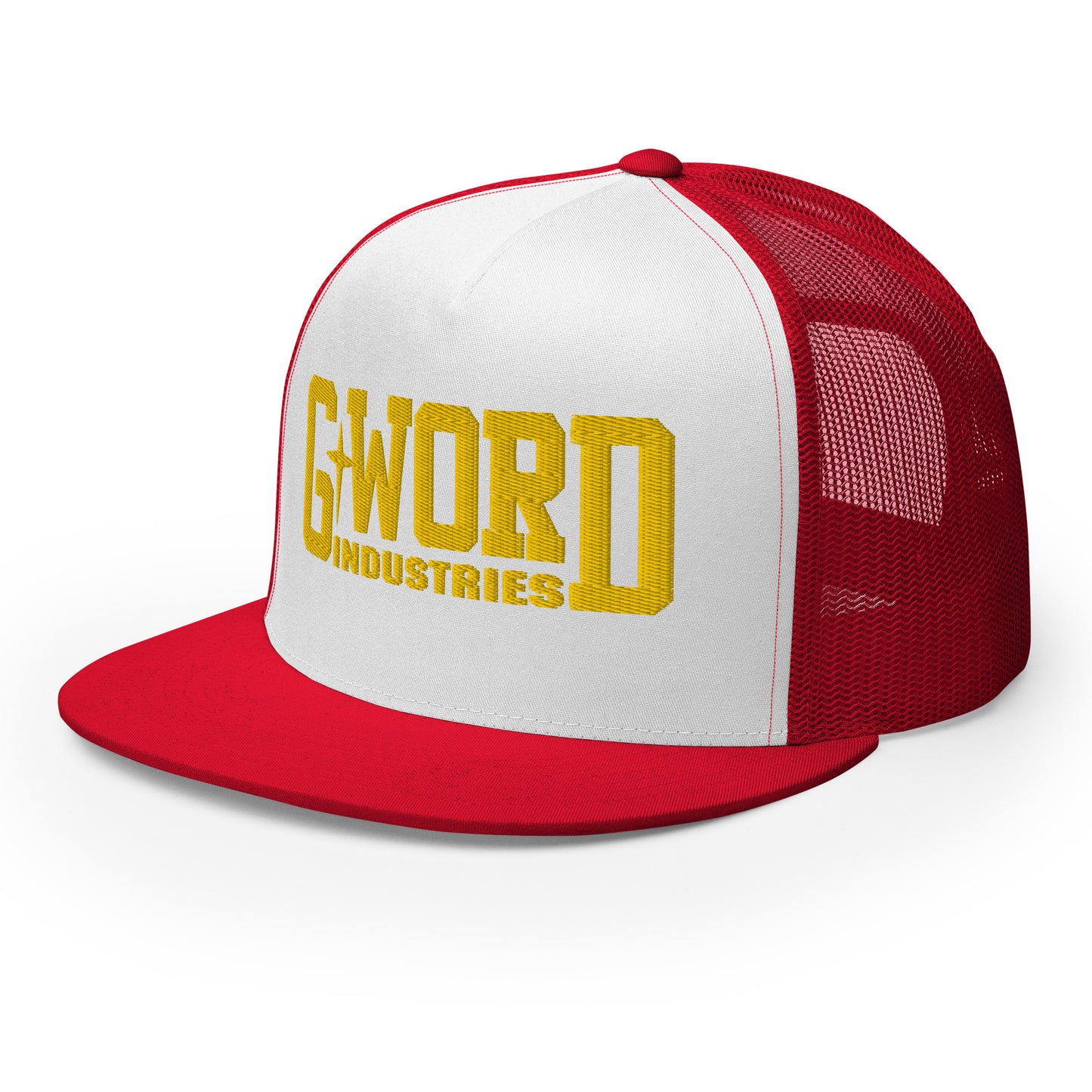 GWORD INDUSTRIES - THE LIVING TRUTH COLLECTION - Gold on White on Red Back - Open Back Trucker Cap