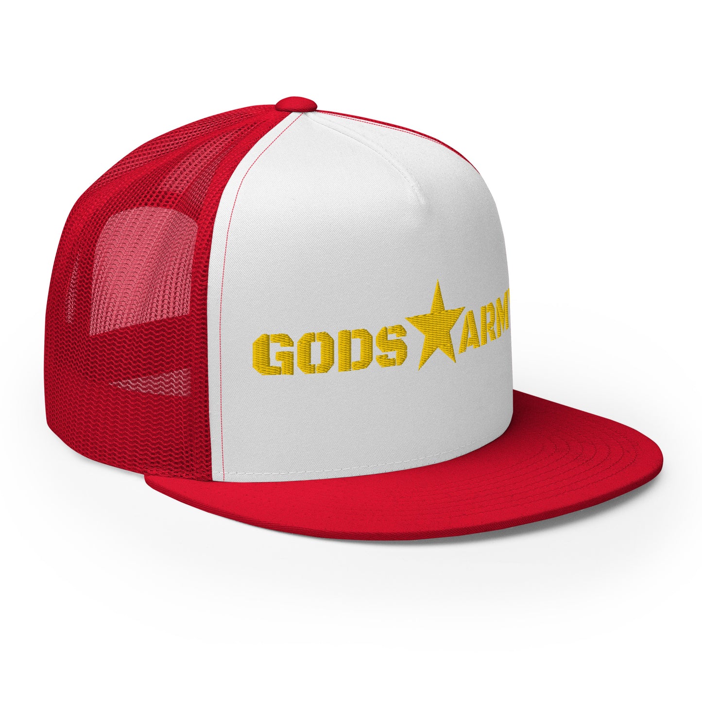 GODS ARMY - TRUE NORTH COLLECTION - Gold on White on Red Back - Open Back Trucker Cap