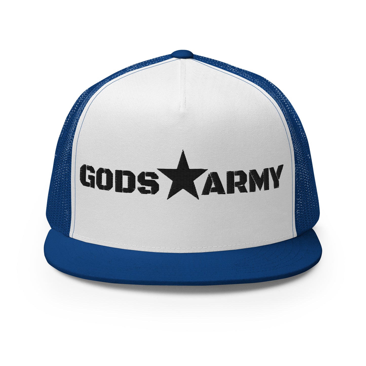 GODS ARMY - TRUE NORTH COLLECTION - Black on White on Royal Blue Back - Open Back Trucker Cap