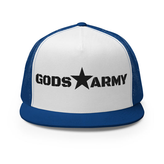 GODS ARMY - TRUE NORTH COLLECTION - Black on White on Royal Blue Back - Open Back Trucker Cap