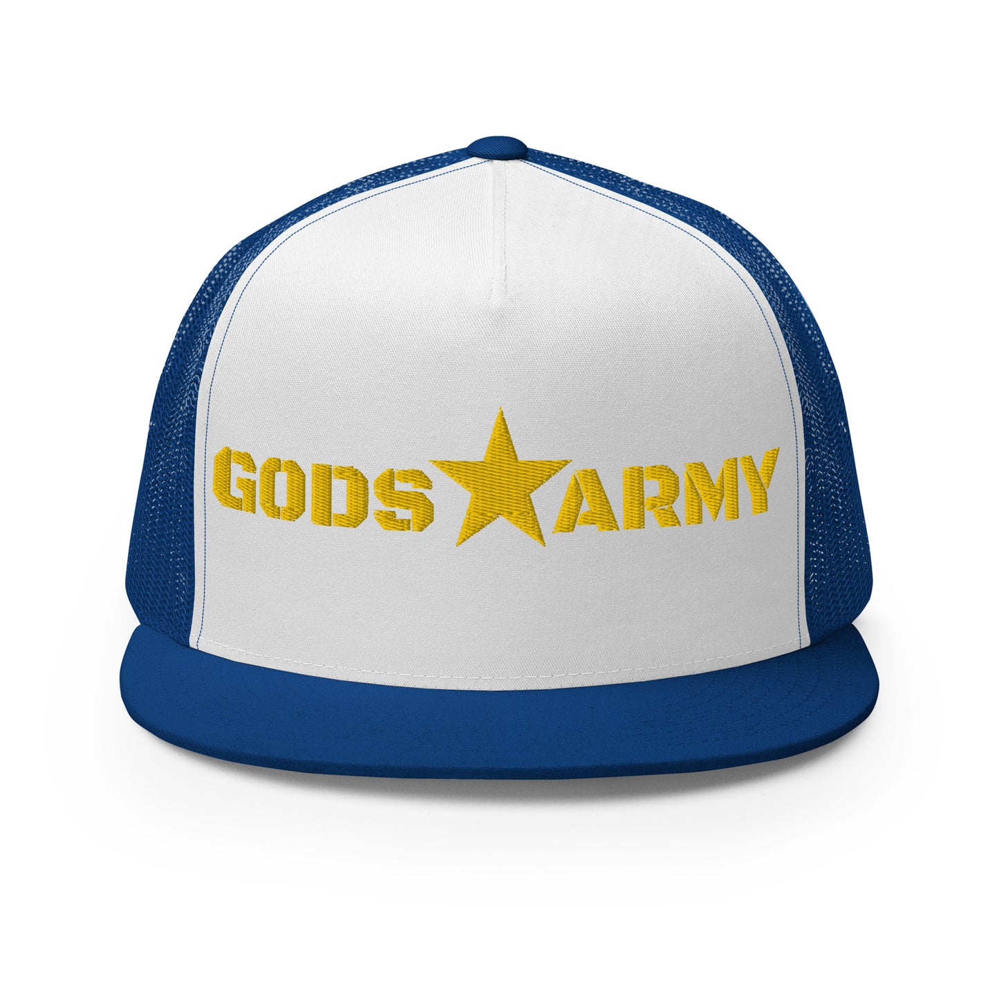 GODS ARMY - TRUE NORTH COLLECTION - Gold on White on Royal Blue - Open Back Trucker Cap