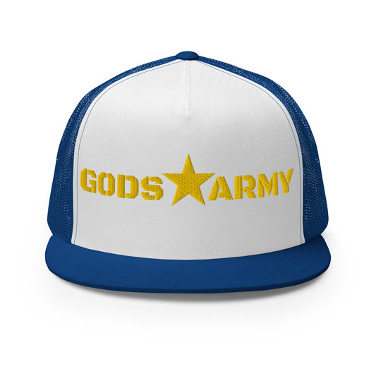 GODS ARMY - TRUE NORTH COLLECTION - Gold on White on Royal Blue - Open Back Trucker Cap