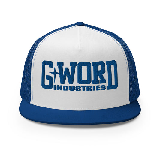 GWORD INDUSTRIES - THE LIVING TRUTH COLLECTION - Blue on White on Blue Back - Open Back Trucker Cap