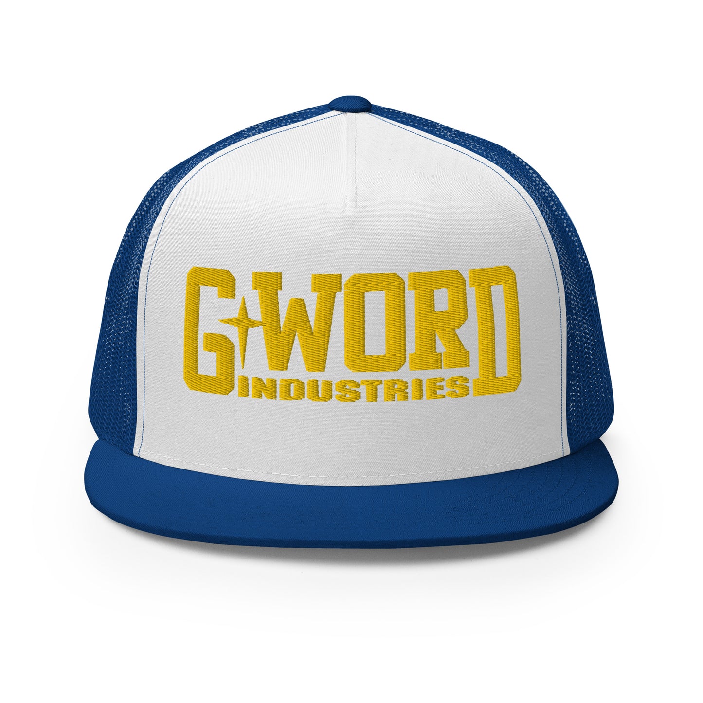 GWORD INDUSTRIES - THE LIVING TRUTH COLLECTION - Gold on White on Blue Back - Open Back Trucker Cap