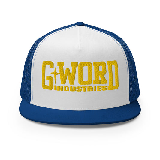 GWORD INDUSTRIES - THE LIVING TRUTH COLLECTION - Gold on White on Blue Back - Open Back Trucker Cap