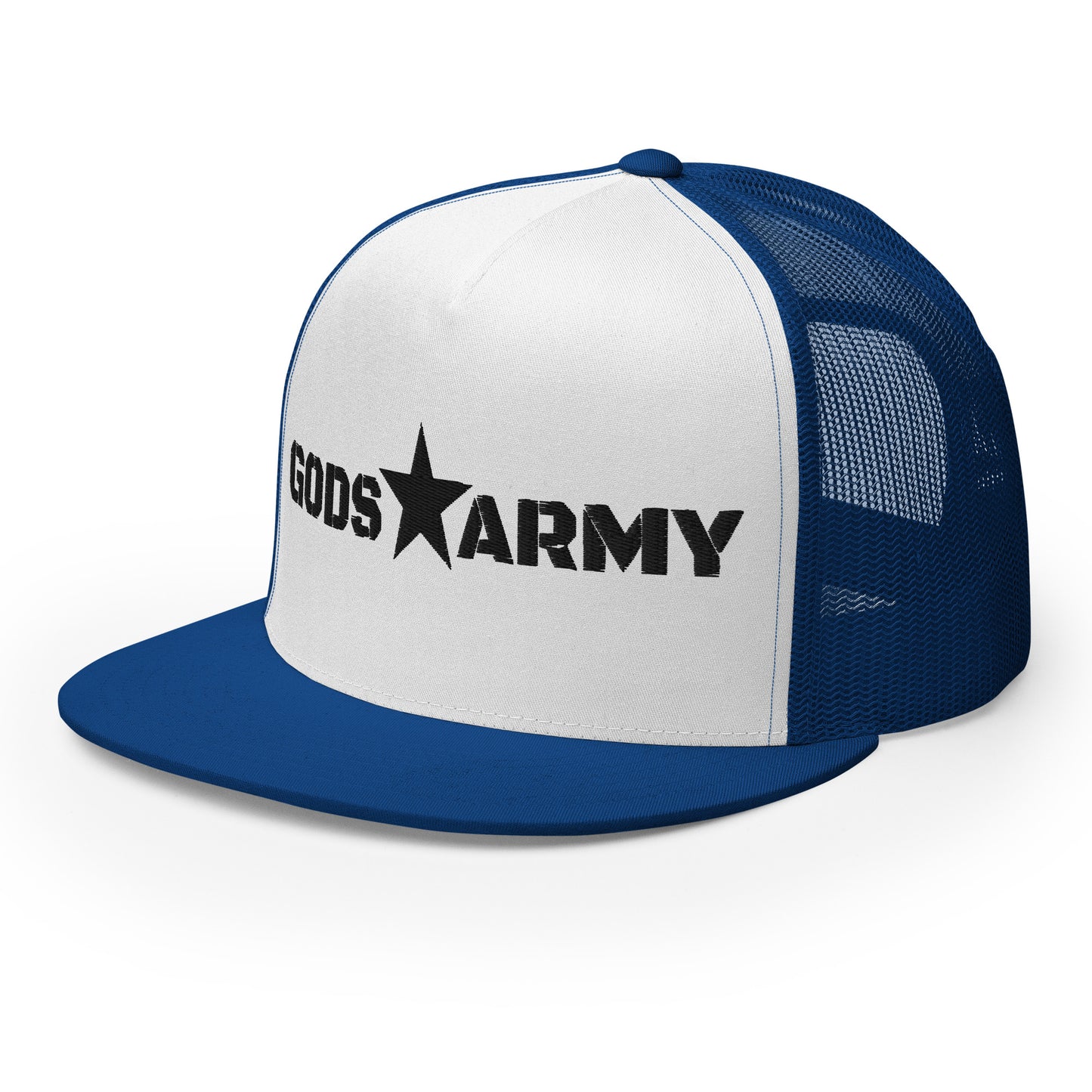 GODS ARMY - TRUE NORTH COLLECTION - Black on White on Royal Blue Back - Open Back Trucker Cap