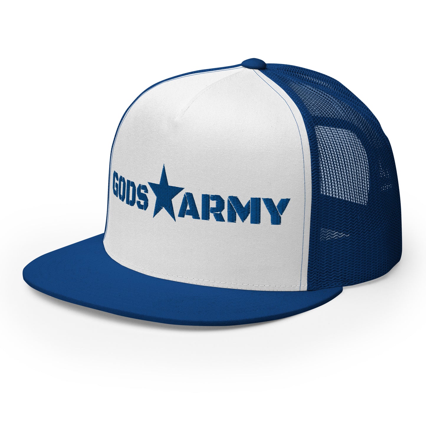 GODS ARMY - TRUE NORTH COLLECTION - Royal Blue on White on Royal Blue - Open Back Trucker Cap