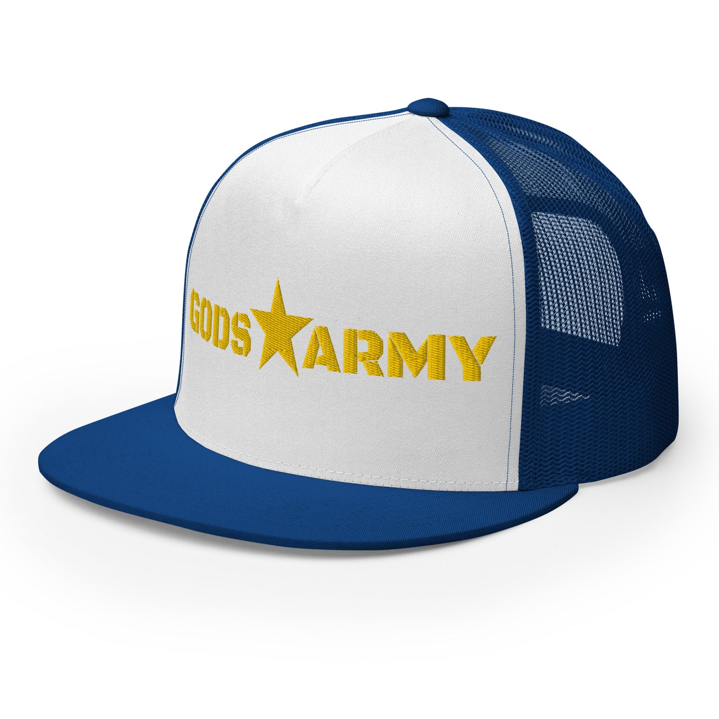 GODS ARMY - TRUE NORTH COLLECTION - Gold on White on Royal Blue - Open Back Trucker Cap