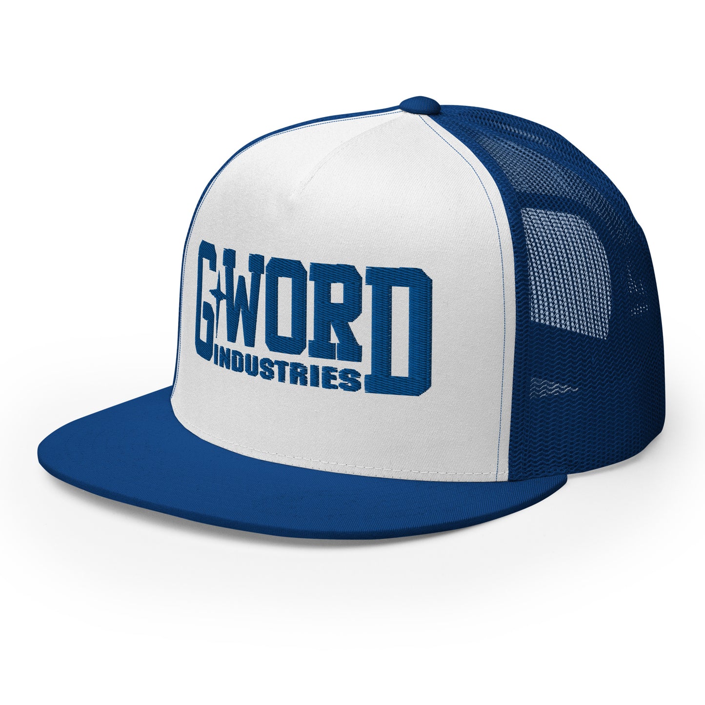 GWORD INDUSTRIES - THE LIVING TRUTH COLLECTION - Blue on White on Blue Back - Open Back Trucker Cap
