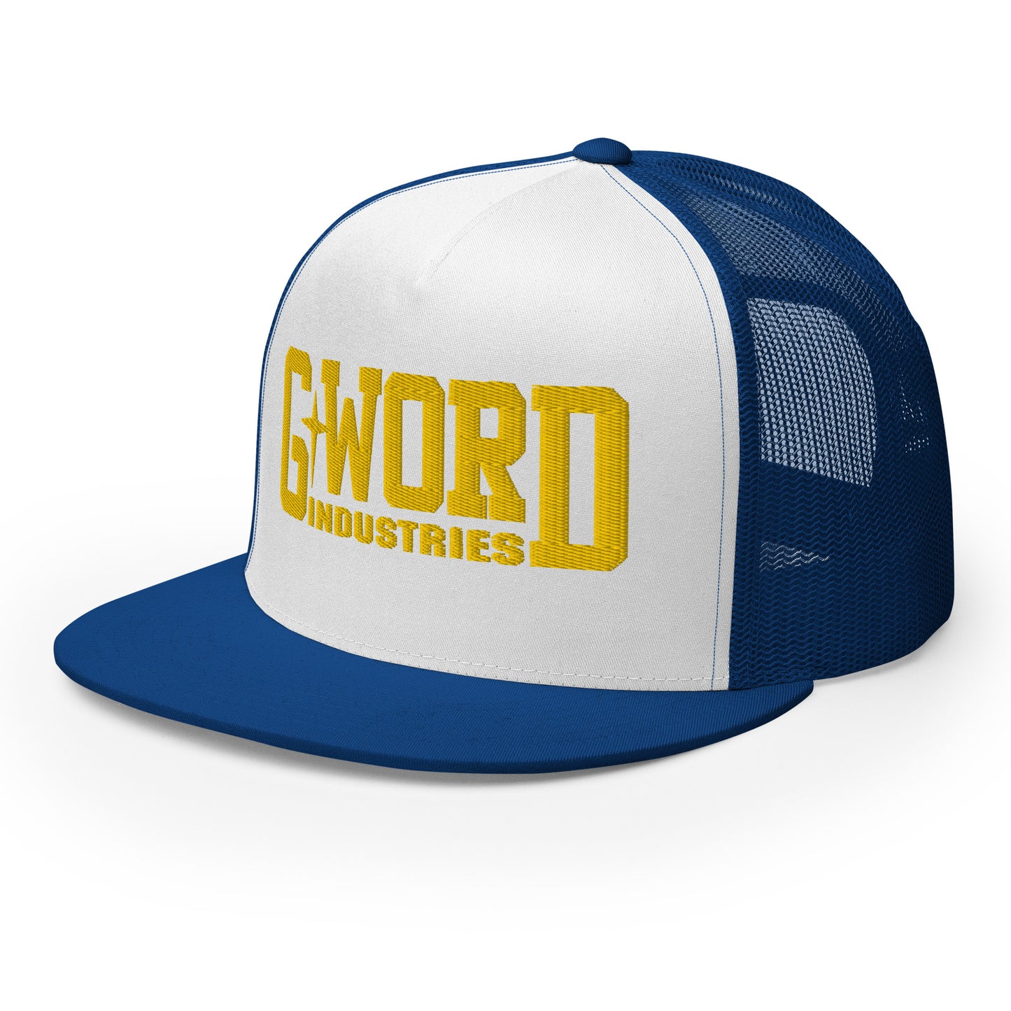 GWORD INDUSTRIES - THE LIVING TRUTH COLLECTION - Gold on White on Blue Back - Open Back Trucker Cap