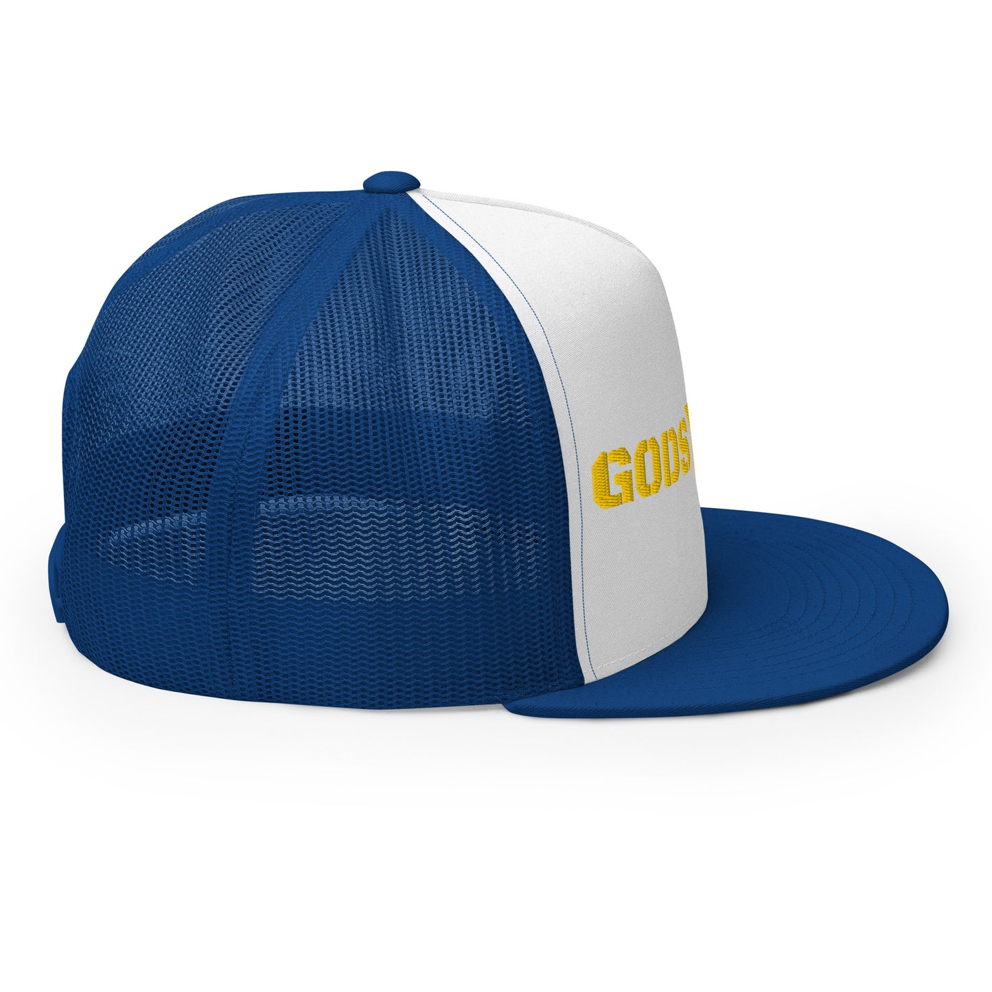 GODS ARMY - TRUE NORTH COLLECTION - Gold on White on Royal Blue - Open Back Trucker Cap